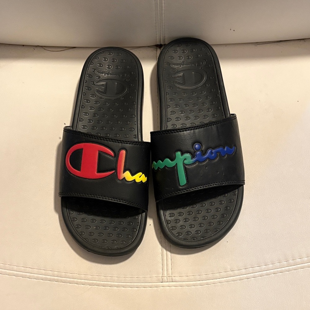 Champion Women’s Black Slides with Multicolor Logo
